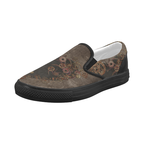 A decorated Steampunk Heart in brown Women's Slip-on Canvas Shoes (Model 019)