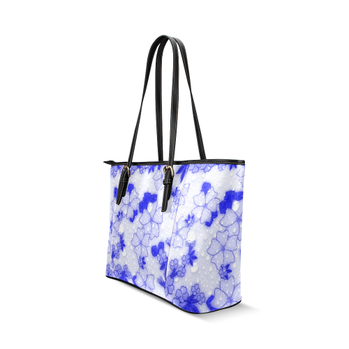 wet floral Pattern, blue Leather Tote Bag/Large (Model 1640)