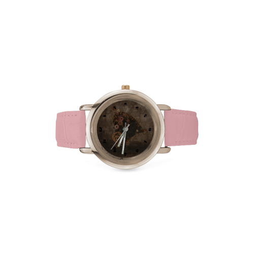 A decorated Steampunk Heart in brown Women's Rose Gold Leather Strap Watch(Model 201)