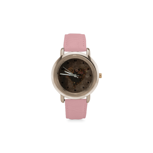 A decorated Steampunk Heart in brown Women's Rose Gold Leather Strap Watch(Model 201)