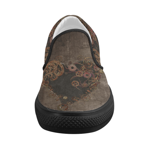 A decorated Steampunk Heart in brown Women's Slip-on Canvas Shoes (Model 019)