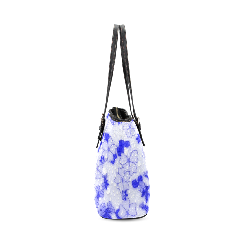 wet floral Pattern, blue Leather Tote Bag/Large (Model 1640)