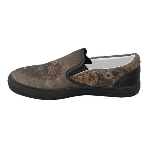 A decorated Steampunk Heart in brown Women's Slip-on Canvas Shoes (Model 019)