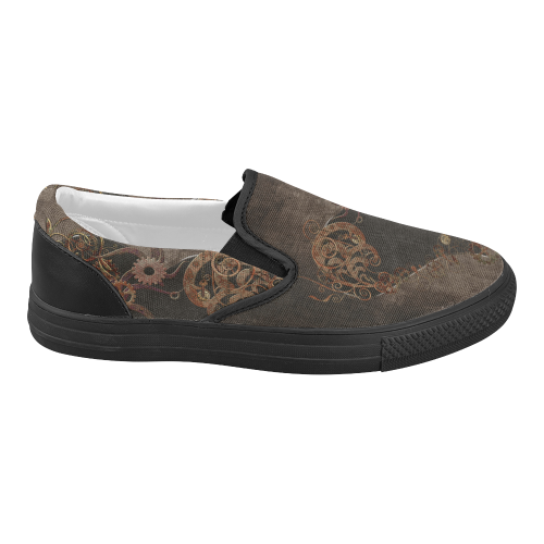 A decorated Steampunk Heart in brown Women's Slip-on Canvas Shoes (Model 019)