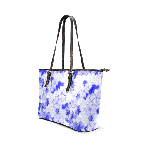 wet floral Pattern, blue Leather Tote Bag/Large (Model 1640)