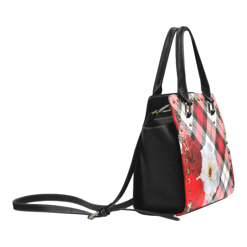 red white plaid flowers Rivet Shoulder Handbag (Model 1645)