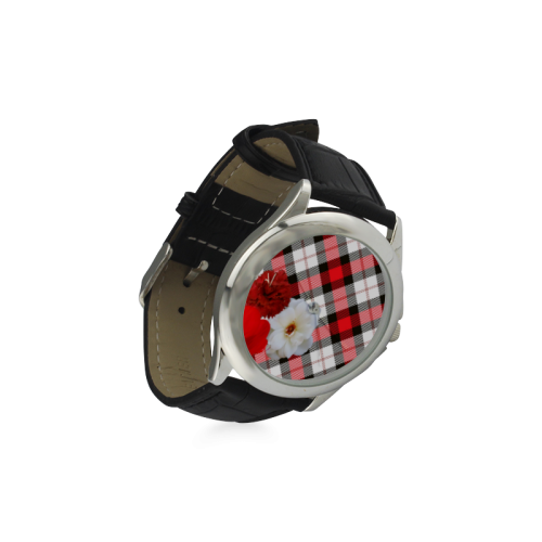 red white plaid flowers Women's Classic Leather Strap Watch(Model 203)