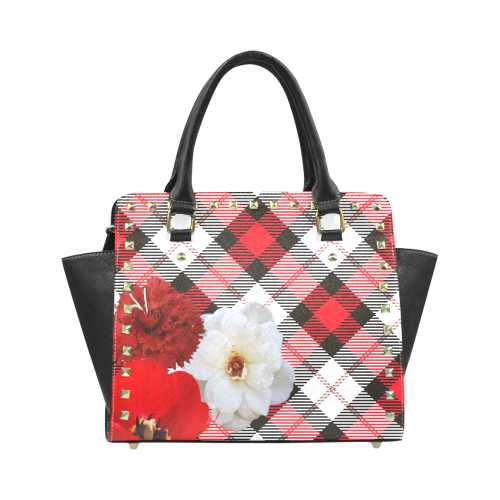 red white plaid flowers Rivet Shoulder Handbag (Model 1645)