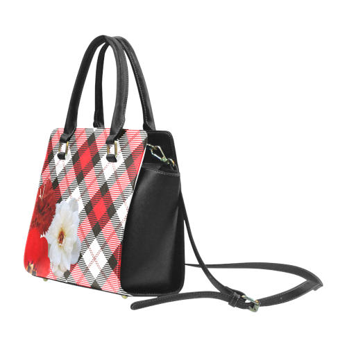 red white plaid flowers Rivet Shoulder Handbag (Model 1645)