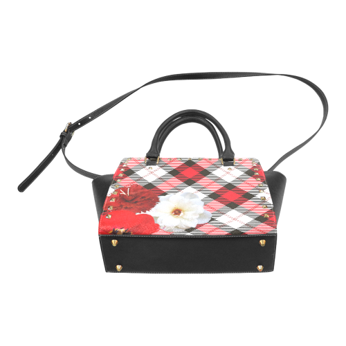 red white plaid flowers Rivet Shoulder Handbag (Model 1645)