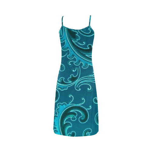 Vintage Swirls Curlicue Teal Turquoise Peacock Alcestis Slip Dress (Model D05)