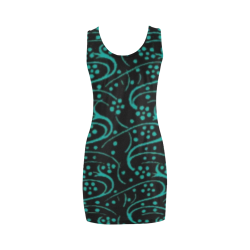 Vintage Swirl Floral Teal Turquoise Black Medea Vest Dress (Model D06)