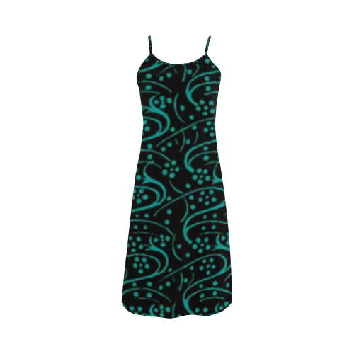 Vintage Swirl Floral Teal Turquoise Black Alcestis Slip Dress (Model D05)