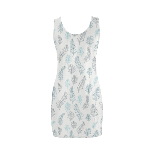 blue on grey whimsical feathers pattern Medea Vest Dress (Model D06)