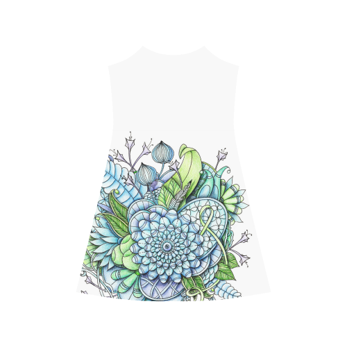 Blue Green flower drawing peaceful garden 2 Alcestis Slip Dress (Model D05)