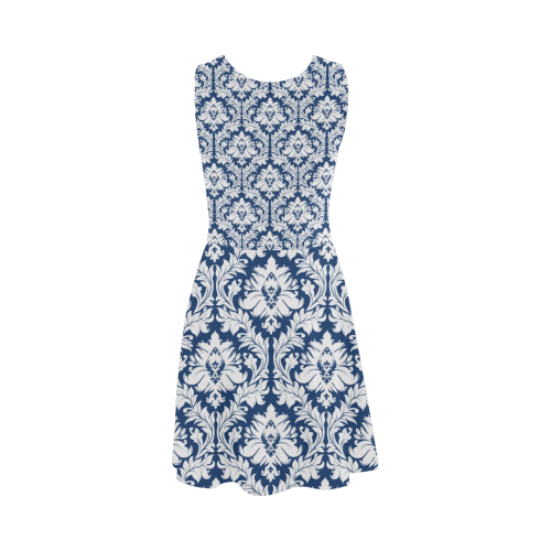 damask pattern navy blue and white Atalanta Sundress (Model D04)