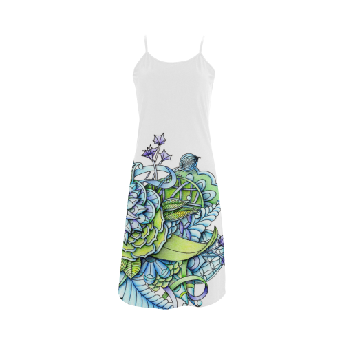 Blue green flower drawing Peaceful Garden Alcestis Slip Dress (Model D05)