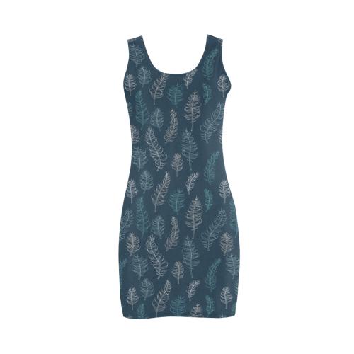 midnight feather leaves whimsical blue pattern Medea Vest Dress (Model D06)