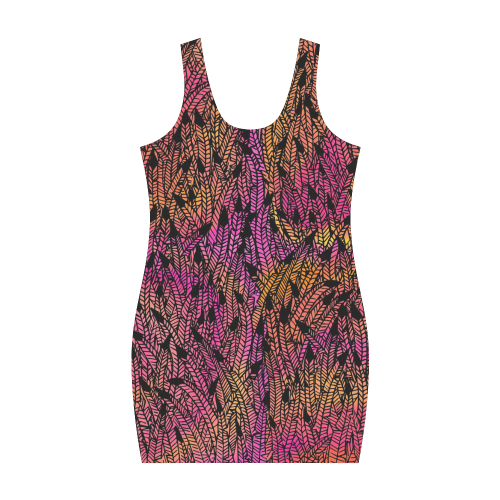 pink yellow black feather pattern Medea Vest Dress (Model D06)