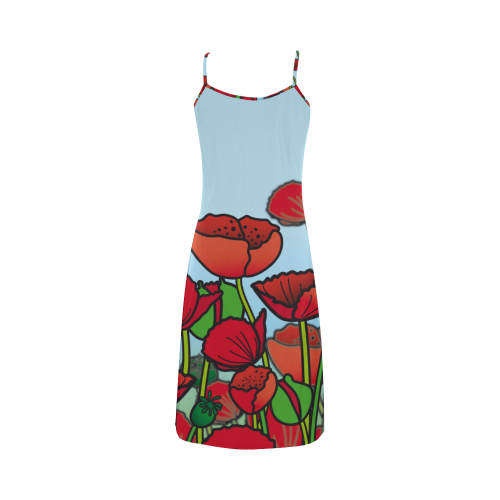 field of poppy flowers red floral Alcestis Slip Dress (Model D05)