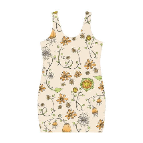 yellow orange fantasy doodle flower pattern Medea Vest Dress (Model D06)