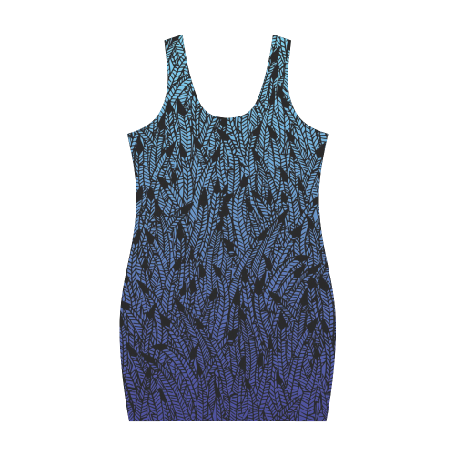 blue ombre black feather pattern Medea Vest Dress (Model D06)