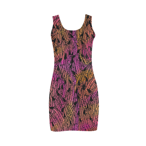 pink yellow black feather pattern Medea Vest Dress (Model D06)