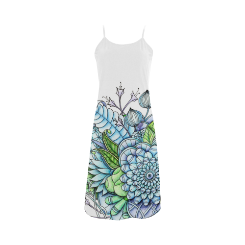 Blue Green flower drawing peaceful garden 2 Alcestis Slip Dress (Model D05)