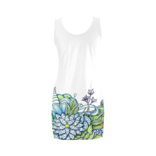 Blue green flower drawing Peaceful Garden Medea Vest Dress (Model D06)