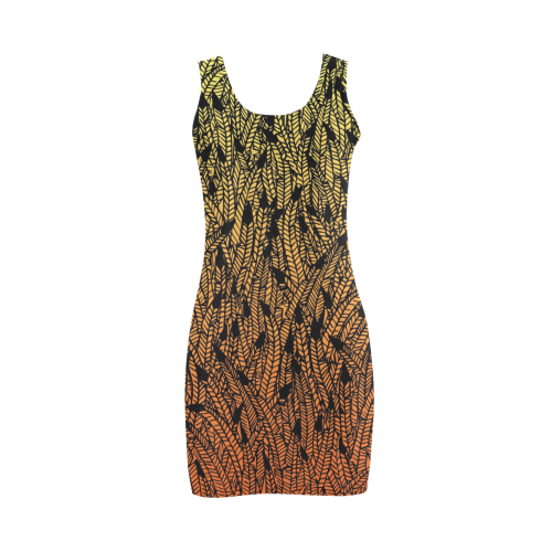 yellow orange ombre feather pattern black Medea Vest Dress (Model D06)