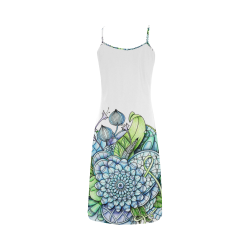 Blue Green flower drawing peaceful garden 2 Alcestis Slip Dress (Model D05)