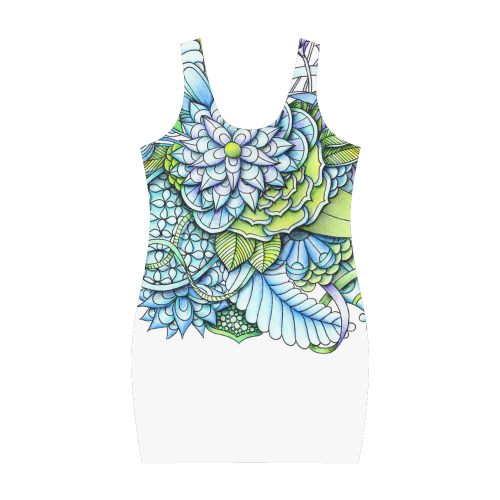 Blue green flower drawing Peaceful Garden Medea Vest Dress (Model D06)