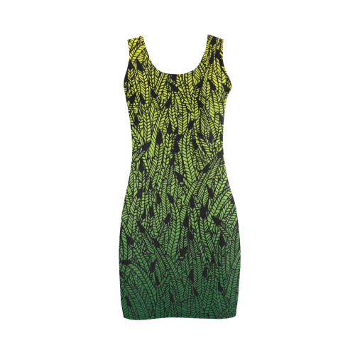 yellow and green ombre feathers pattern black Medea Vest Dress (Model D06)