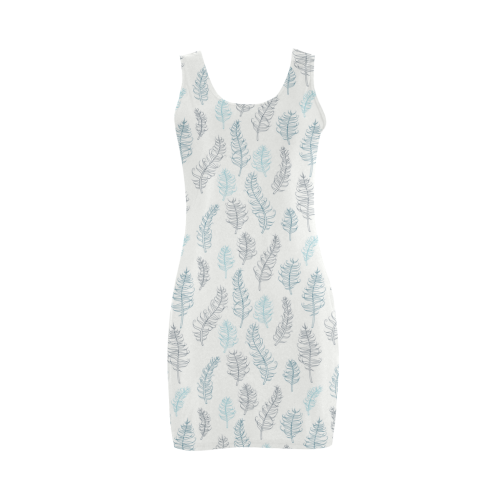 blue on grey whimsical feathers pattern Medea Vest Dress (Model D06)