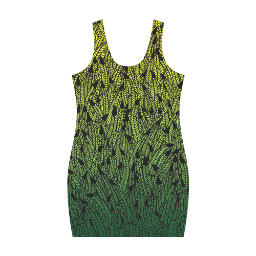 yellow and green ombre feathers pattern black Medea Vest Dress (Model D06)
