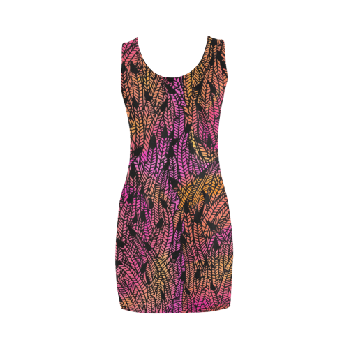 pink yellow black feather pattern Medea Vest Dress (Model D06)