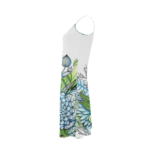 Blue Green flower drawing peaceful garden 2 Alcestis Slip Dress (Model D05)