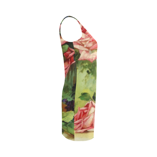 Vintage Vase and Pink Roses Medea Vest Dress (Model D06)