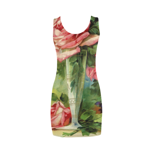 Vintage Vase and Pink Roses Medea Vest Dress (Model D06)