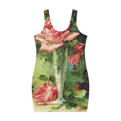 Vintage Vase and Pink Roses Medea Vest Dress (Model D06)