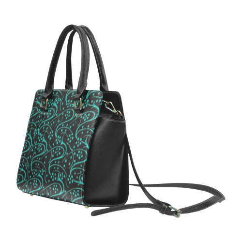 Vintage Swirl Floral Teal Turquoise Black Rivet Shoulder Handbag (Model 1645)