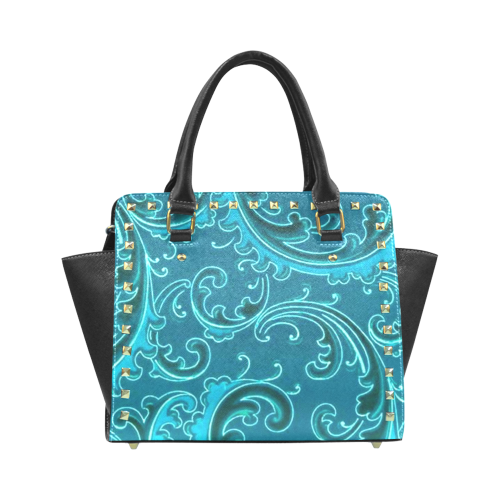 Vintage Swirls Curlicue Teal Turquoise Peacock Rivet Shoulder Handbag (Model 1645)