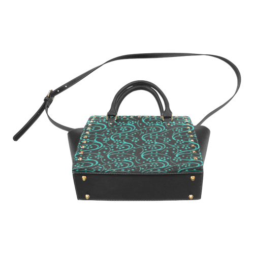 Vintage Swirl Floral Teal Turquoise Black Rivet Shoulder Handbag (Model 1645)