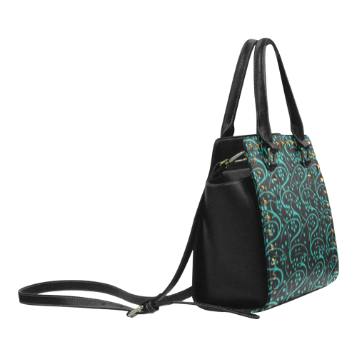Vintage Swirl Floral Teal Turquoise Black Rivet Shoulder Handbag (Model 1645)