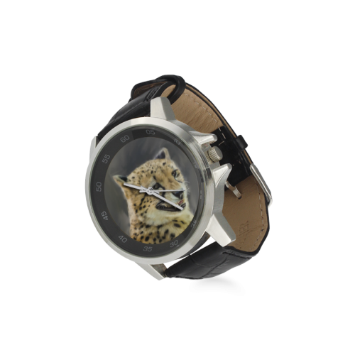 Painting  Grinning Cheetah Portrait Unisex Stainless Steel Leather Strap Watch(Model 202)