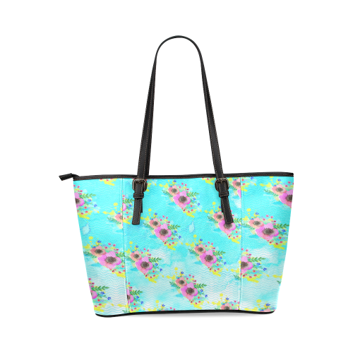 Watercolor Bouquet Leather Tote Bag/Small (Model 1640)