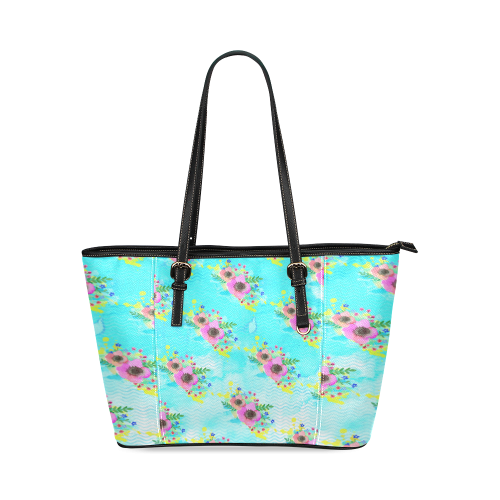 Watercolor Bouquet Leather Tote Bag/Small (Model 1640)