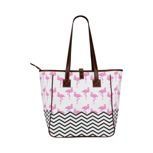 Pink Flamingo Black White Chevron Stripes Pattern Classic Tote Bag (Model 1644)