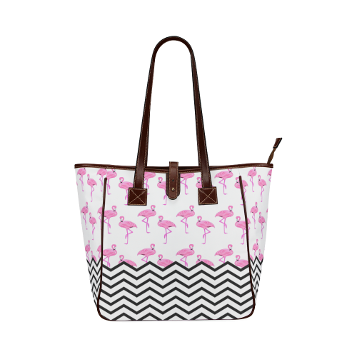 Pink Flamingo Black White Chevron Stripes Pattern Classic Tote Bag (Model 1644)