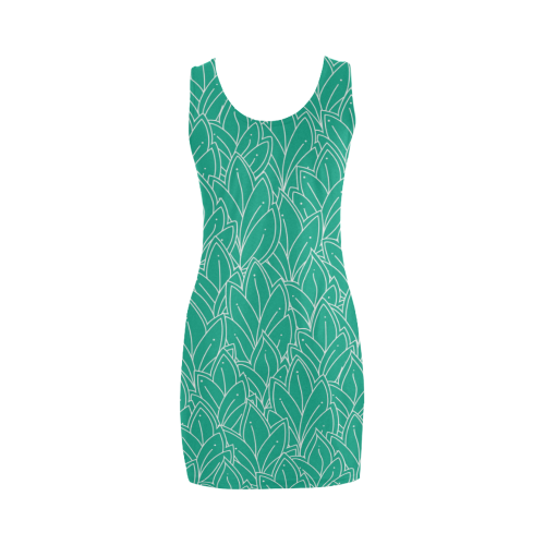 doodle leaf pattern emerald green & white Medea Vest Dress (Model D06)